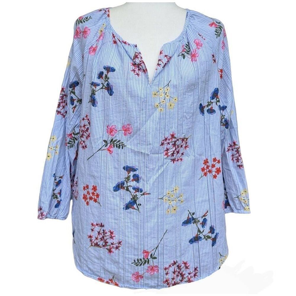 Tribal Jeans Floral Print Blue White Striped Round Split Neck Blouse Top Size L
